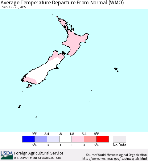 New Zealand Average Temperature Departure from Normal (WMO) Thematic Map For 9/19/2022 - 9/25/2022
