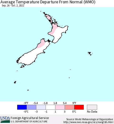 New Zealand Average Temperature Departure from Normal (WMO) Thematic Map For 9/26/2022 - 10/2/2022