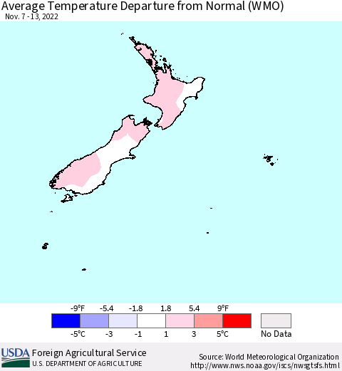 New Zealand Average Temperature Departure from Normal (WMO) Thematic Map For 11/7/2022 - 11/13/2022