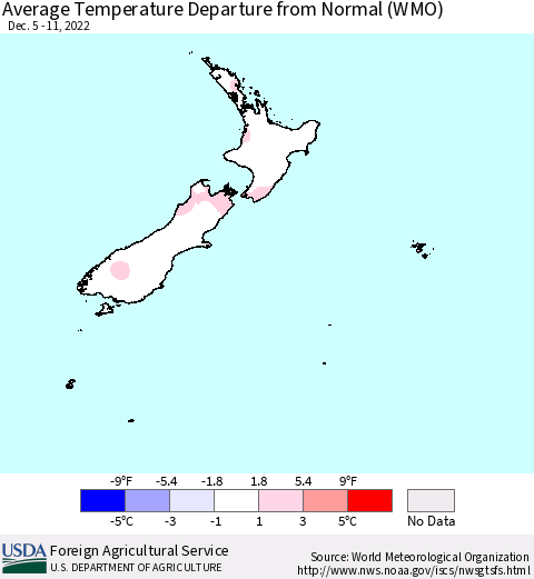 New Zealand Average Temperature Departure from Normal (WMO) Thematic Map For 12/5/2022 - 12/11/2022
