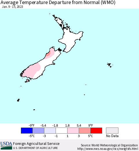 New Zealand Average Temperature Departure from Normal (WMO) Thematic Map For 1/9/2023 - 1/15/2023