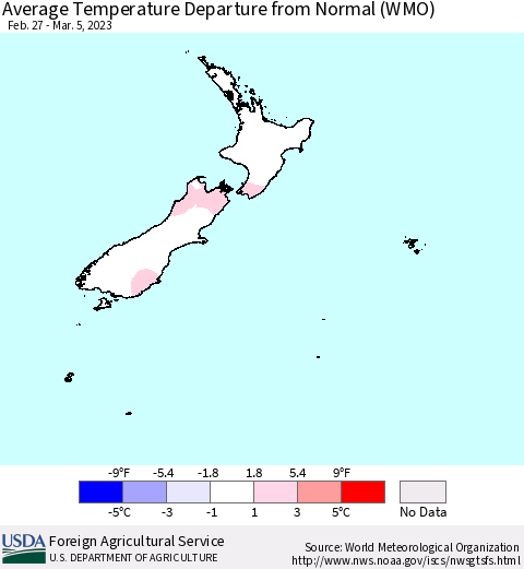 New Zealand Average Temperature Departure from Normal (WMO) Thematic Map For 2/27/2023 - 3/5/2023