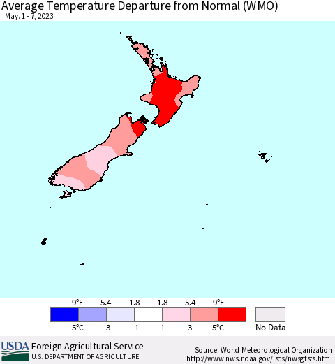 New Zealand Average Temperature Departure from Normal (WMO) Thematic Map For 5/1/2023 - 5/7/2023