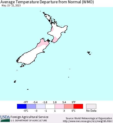 New Zealand Average Temperature Departure from Normal (WMO) Thematic Map For 5/15/2023 - 5/21/2023