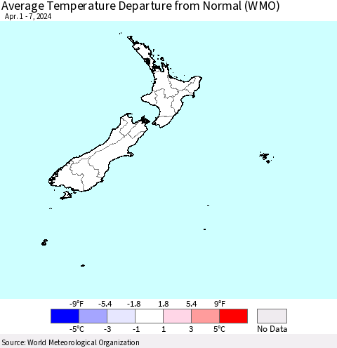 New Zealand Average Temperature Departure from Normal (WMO) Thematic Map For 4/1/2024 - 4/7/2024