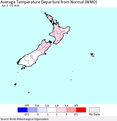 New Zealand Average Temperature Departure from Normal (WMO) Thematic Map For 4/8/2024 - 4/14/2024