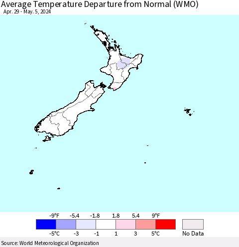 New Zealand Average Temperature Departure from Normal (WMO) Thematic Map For 4/29/2024 - 5/5/2024