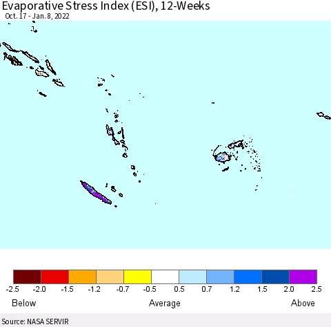 Fiji, Samoa, Solomon Isl. and Vanuatu Evaporative Stress Index (ESI), 12-Weeks Thematic Map For 1/3/2022 - 1/9/2022