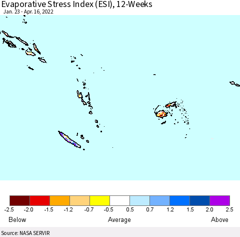 Fiji, Samoa, Solomon Isl. and Vanuatu Evaporative Stress Index (ESI), 12-Weeks Thematic Map For 4/11/2022 - 4/17/2022