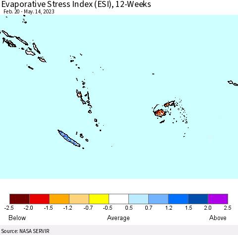 Fiji, Samoa, Solomon Isl. and Vanuatu Evaporative Stress Index (ESI), 12-Weeks Thematic Map For 5/8/2023 - 5/14/2023