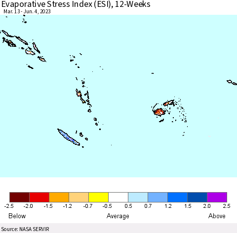 Fiji, Samoa, Solomon Isl. and Vanuatu Evaporative Stress Index (ESI), 12-Weeks Thematic Map For 5/29/2023 - 6/4/2023