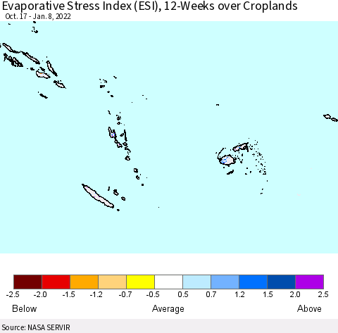 Fiji, Samoa, Solomon Isl. and Vanuatu Evaporative Stress Index (ESI), 12-Weeks over Croplands Thematic Map For 1/3/2022 - 1/9/2022