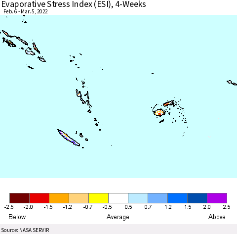Fiji, Samoa, Solomon Isl. and Vanuatu Evaporative Stress Index (ESI), 4-Weeks Thematic Map For 2/28/2022 - 3/6/2022