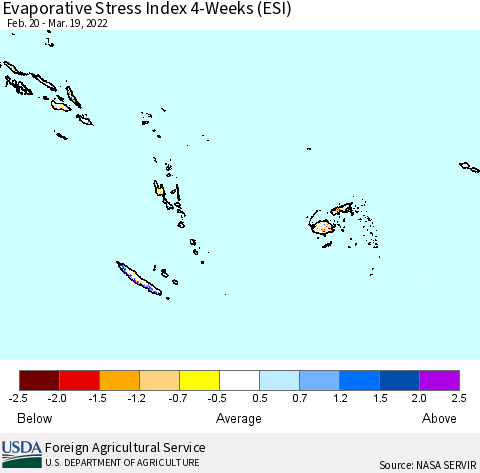 Fiji, Samoa, Solomon Isl. and Vanuatu Evaporative Stress Index (ESI), 4-Weeks Thematic Map For 3/14/2022 - 3/20/2022
