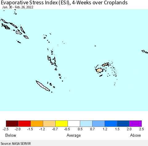 Fiji, Samoa, Solomon Isl. and Vanuatu Evaporative Stress Index (ESI), 4-Weeks over Croplands Thematic Map For 2/21/2022 - 2/27/2022