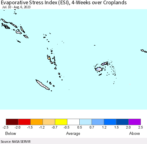 Fiji, Samoa, Solomon Isl. and Vanuatu Evaporative Stress Index (ESI), 4-Weeks over Croplands Thematic Map For 7/31/2023 - 8/6/2023