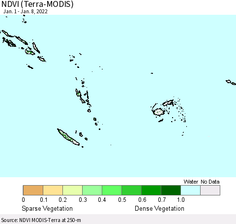 Fiji, Samoa, Solomon Isl. and Vanuatu NDVI (Terra-MODIS) Thematic Map For 1/1/2022 - 1/8/2022