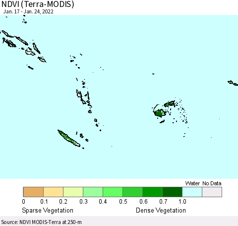 Fiji, Samoa, Solomon Isl. and Vanuatu NDVI (Terra-MODIS) Thematic Map For 1/17/2022 - 1/24/2022
