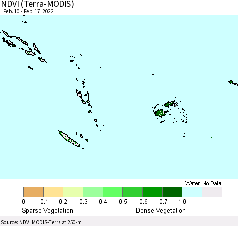 Fiji, Samoa, Solomon Isl. and Vanuatu NDVI (Terra-MODIS) Thematic Map For 2/10/2022 - 2/17/2022