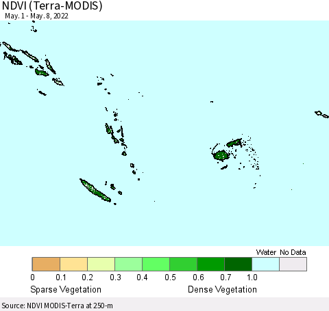Fiji, Samoa, Solomon Isl. and Vanuatu NDVI (Terra-MODIS) Thematic Map For 5/1/2022 - 5/8/2022