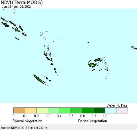 Fiji, Samoa, Solomon Isl. and Vanuatu NDVI (Terra-MODIS) Thematic Map For 6/18/2022 - 6/25/2022