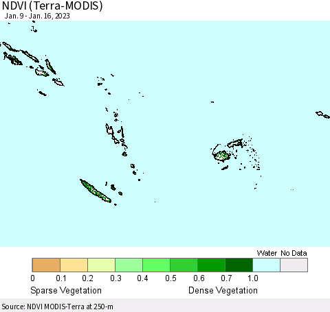 Fiji, Samoa, Solomon Isl. and Vanuatu NDVI (Terra-MODIS) Thematic Map For 1/9/2023 - 1/16/2023