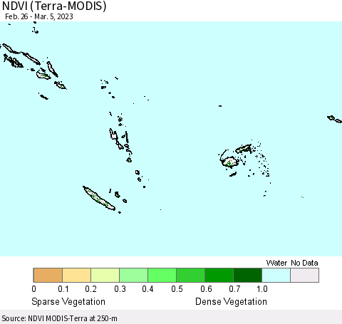 Fiji, Samoa, Solomon Isl. and Vanuatu NDVI (Terra-MODIS) Thematic Map For 2/26/2023 - 3/5/2023