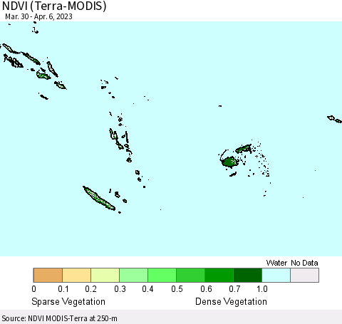 Fiji, Samoa, Solomon Isl. and Vanuatu NDVI (Terra-MODIS) Thematic Map For 3/30/2023 - 4/6/2023
