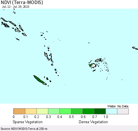 Fiji, Samoa, Solomon Isl. and Vanuatu NDVI (Terra-MODIS) Thematic Map For 7/12/2023 - 7/19/2023