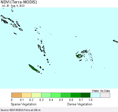 Fiji, Samoa, Solomon Isl. and Vanuatu NDVI (Terra-MODIS) Thematic Map For 7/28/2023 - 8/4/2023