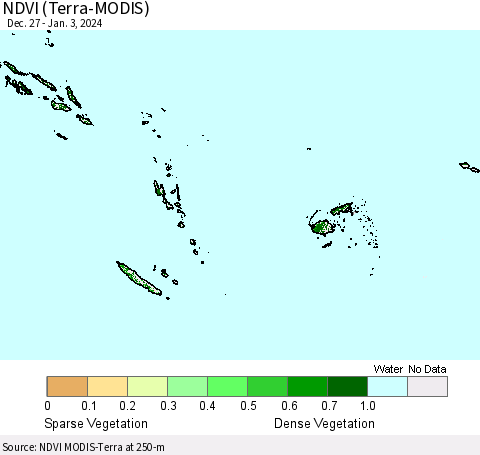Fiji, Samoa, Solomon Isl. and Vanuatu NDVI (Terra-MODIS) Thematic Map For 12/27/2023 - 1/3/2024