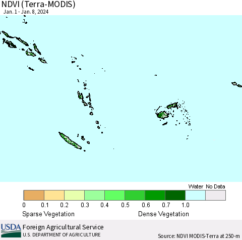 Fiji, Samoa, Solomon Isl. and Vanuatu NDVI (Terra-MODIS) Thematic Map For 1/1/2024 - 1/8/2024