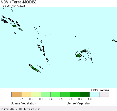 Fiji, Samoa, Solomon Isl. and Vanuatu NDVI (Terra-MODIS) Thematic Map For 2/26/2024 - 3/4/2024
