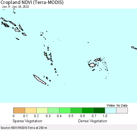 Fiji, Samoa, Solomon Isl. and Vanuatu Cropland NDVI (Terra-MODIS) Thematic Map For 1/9/2022 - 1/16/2022