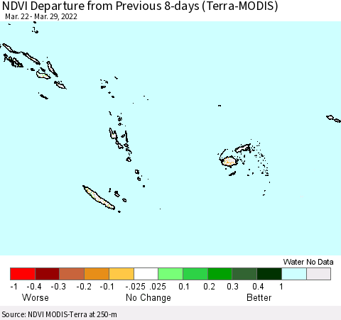 Fiji, Samoa, Solomon Isl. and Vanuatu NDVI Departure from Previous 8-days (Terra-MODIS) Thematic Map For 3/22/2022 - 3/29/2022