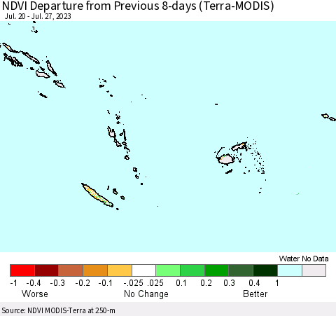 Fiji, Samoa, Solomon Isl. and Vanuatu NDVI Departure from Previous 8-days (Terra-MODIS) Thematic Map For 7/20/2023 - 7/27/2023