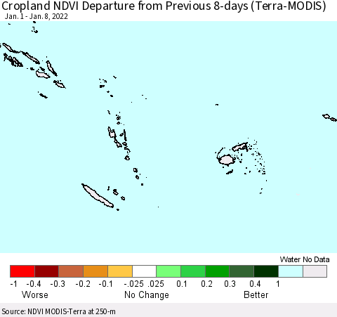 Fiji, Samoa, Solomon Isl. and Vanuatu Cropland NDVI Departure from Previous 8-days (Terra-MODIS) Thematic Map For 1/1/2022 - 1/8/2022