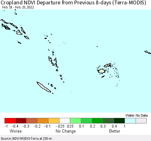 Fiji, Samoa, Solomon Isl. and Vanuatu Cropland NDVI Departure from Previous 8-days (Terra-MODIS) Thematic Map For 2/18/2022 - 2/25/2022