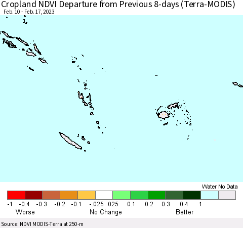 Fiji, Samoa, Solomon Isl. and Vanuatu Cropland NDVI Departure from Previous 8-days (Terra-MODIS) Thematic Map For 2/10/2023 - 2/17/2023