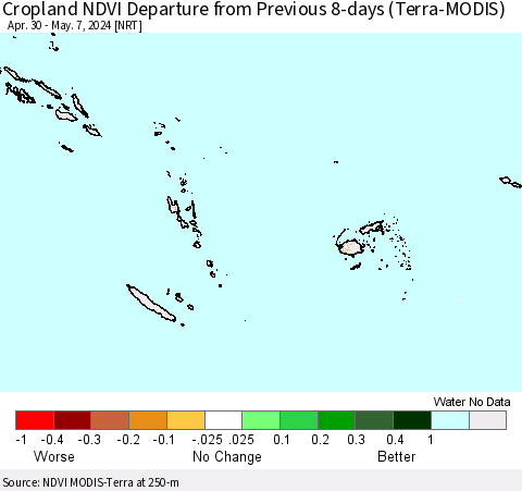 Fiji, Samoa, Solomon Isl. and Vanuatu Cropland NDVI Departure from Previous 8-days (Terra-MODIS) Thematic Map For 4/30/2024 - 5/7/2024