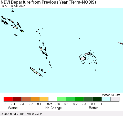 Fiji, Samoa, Solomon Isl. and Vanuatu NDVI Departure from Previous Year (Terra-MODIS) Thematic Map For 1/1/2022 - 1/8/2022