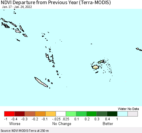 Fiji, Samoa, Solomon Isl. and Vanuatu NDVI Departure from Previous Year (Terra-MODIS) Thematic Map For 1/17/2022 - 1/24/2022
