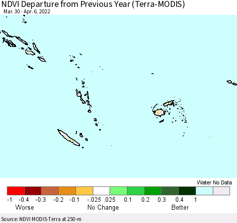 Fiji, Samoa, Solomon Isl. and Vanuatu NDVI Departure from Previous Year (Terra-MODIS) Thematic Map For 3/30/2022 - 4/6/2022