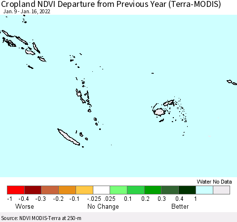 Fiji, Samoa, Solomon Isl. and Vanuatu Cropland NDVI Departure from Previous Year (Terra-MODIS) Thematic Map For 1/9/2022 - 1/16/2022