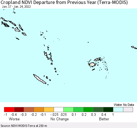 Fiji, Samoa, Solomon Isl. and Vanuatu Cropland NDVI Departure from Previous Year (Terra-MODIS) Thematic Map For 1/17/2022 - 1/24/2022