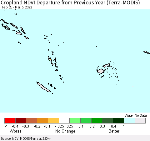 Fiji, Samoa, Solomon Isl. and Vanuatu Cropland NDVI Departure from Previous Year (Terra-MODIS) Thematic Map For 2/26/2022 - 3/5/2022