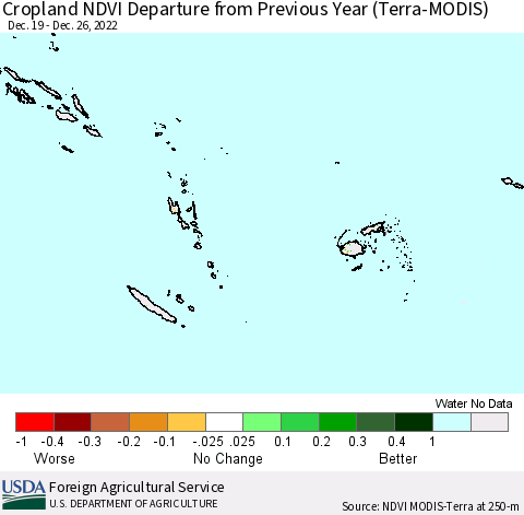 Fiji, Samoa, Solomon Isl. and Vanuatu Cropland NDVI Departure from Previous Year (Terra-MODIS) Thematic Map For 12/26/2022 - 1/2/2023