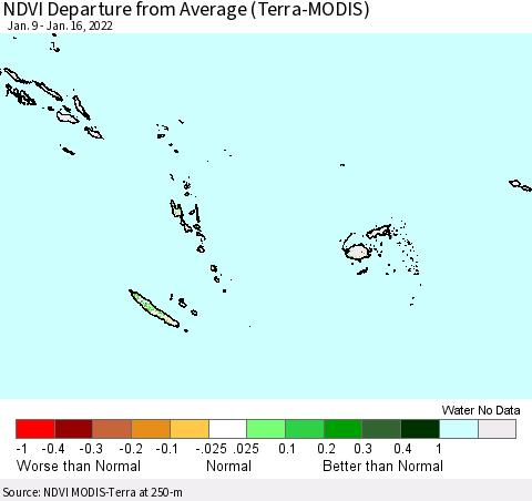 Fiji, Samoa, Solomon Isl. and Vanuatu NDVI Departure from Average (Terra-MODIS) Thematic Map For 1/9/2022 - 1/16/2022