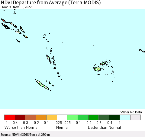 Fiji, Samoa, Solomon Isl. and Vanuatu NDVI Departure from Average (Terra-MODIS) Thematic Map For 11/9/2022 - 11/16/2022