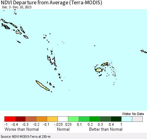 Fiji, Samoa, Solomon Isl. and Vanuatu NDVI Departure from Average (Terra-MODIS) Thematic Map For 12/3/2023 - 12/10/2023